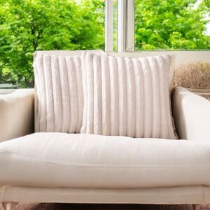 Deeland Double Side Faux Fur Fuzzy Stripe Soft Pillow Covers Beige 18"x18" 2Pk